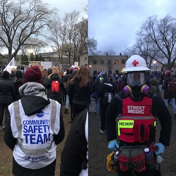 Two photos side by side. The left: an anonymous protestor wearing a “COMMUNITY SAFETY TEAM” vest and hoodie. The right: Kalaya’an Mendoza donning a red “STREET MEDIC” vest and carrying protest safety and medical supplies while attending the Daunte Wright Protests in Brooklyn Park, Minneapolis (2021)