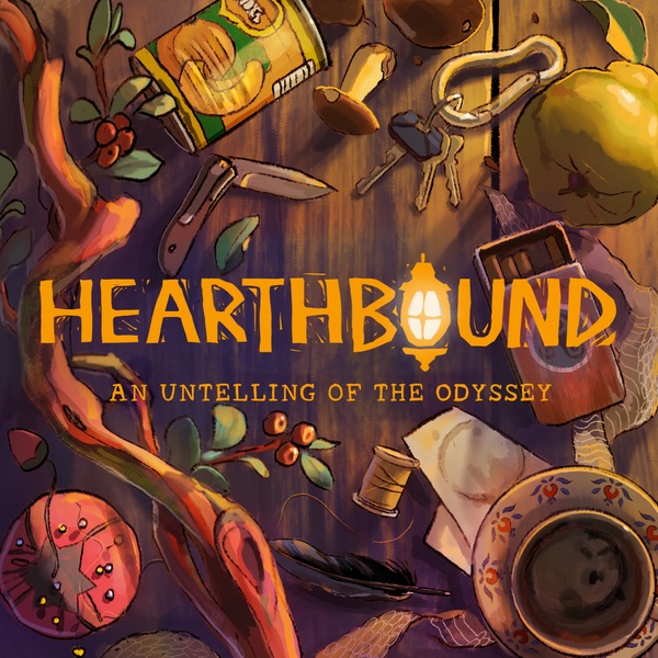 The illustrated logo for Hearthbound, featuring a variety of food and supplies on a table.
