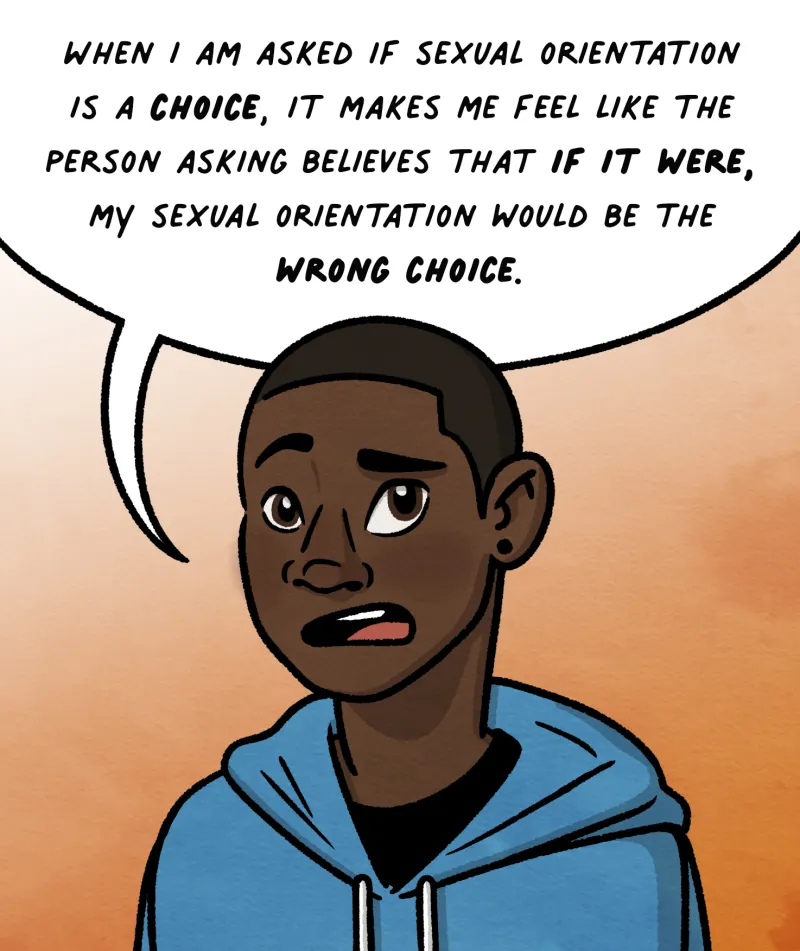 A person asks "When I am asked if sexual orientation is a choice, it makes me feel like the person asking believes that if it were, my choice would be the wrong choice"