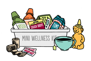 A mini wellness kit with cough drops, tampons, bandages, and other basic health needs.
