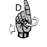 ASL sign for 'Disability', a raised forefinger ("D") with arrows indicating the gesture (forefinger down, thumb out, whole hand in direction of pinky)