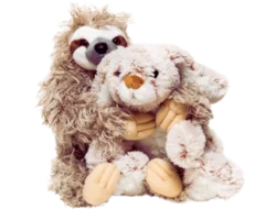 a stuffed animal sloth hugging a stuffed animal bunny