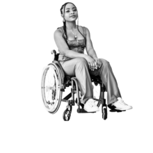 a young Black woman in a corset top and athletic pants in a wheelchair