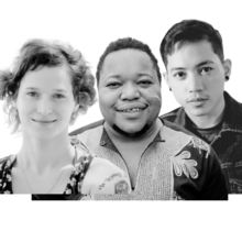 Three trans individuals next to each other. From left to right: a white trans woman with wavy hair and wearing a tank top, a Black trans man with the transgender pride flag painted on his cheek, and a trans man who appears to be Southeast Asian and is wearing a denim jacket.